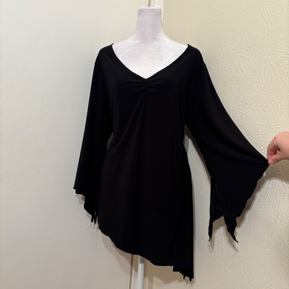 Black Asymmetrical Bell Sleeve V-Neck Top Whimsigoth, Witchy Fall Gothic 2X